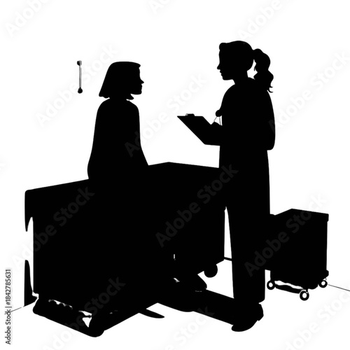Silhouette of a female doctor consulting with a female patient seated on an examination table in a medical setting
