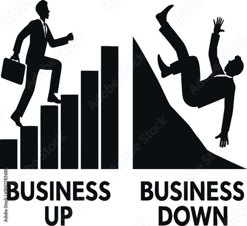 Black vector silhouette illustration of a business man running, jumping, and sprinting up stairs for sport, fitness, and action