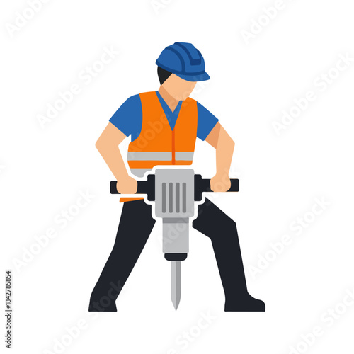 Construction worker operating jackhammer at work.