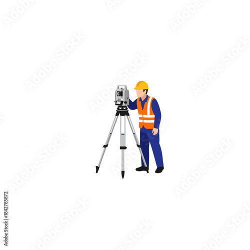 Surveyor with Tripod Leveling Instrument on Construction Site.