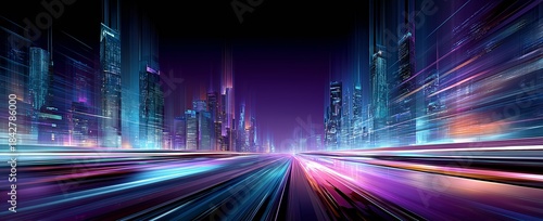 A Vivid Urban Landscape Illuminated by Neon Lights and Dynamic Motion Through a Futuristic City Skyline at Nighttime