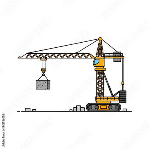 Construction Crane Lifting Heavy Material at Building Site.