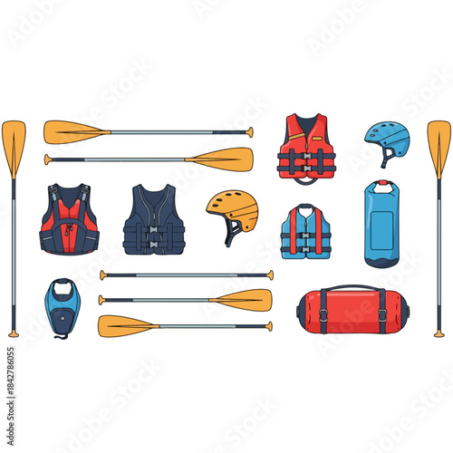Essential Rafting and Kayaking Gear Collection for Water Sports Enthusiasts.
