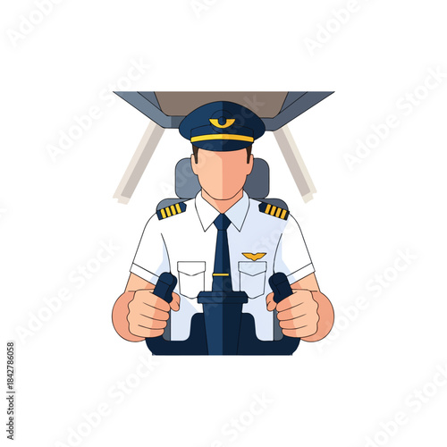 Cartoon Pilot in Uniform at Cockpit Controls.