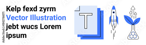 Innovation, science research, creativity, start-ups, education, sustainability. Rocket launch, plant growth and scientific symbol next to bold text and design elements. Innovation and science