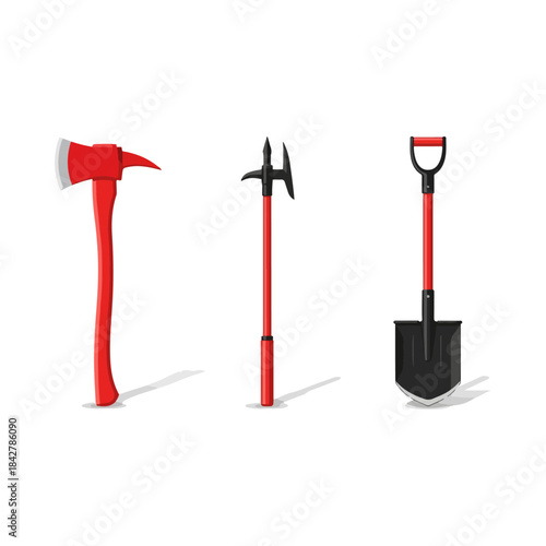 Firefighters Essential Tools - Axe, Pickaxe, and Shovel for Emergency Response.