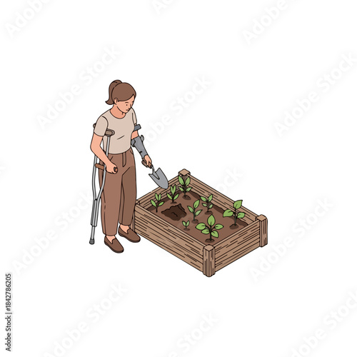 Gardener with Prosthetic Leg Watering Raised Bed.