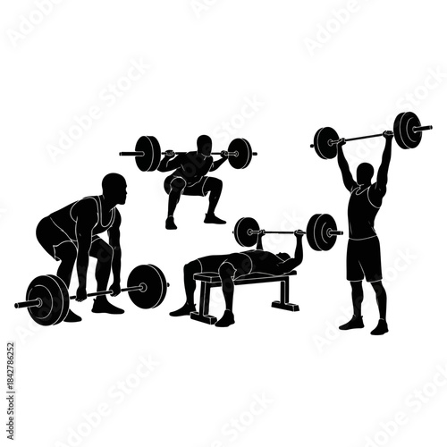 Group of lifters training with barbells in gym.