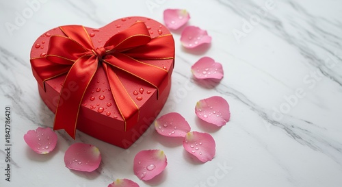 Elegant Valentine's Day Composition: Red Heart Box and Rose Petals
