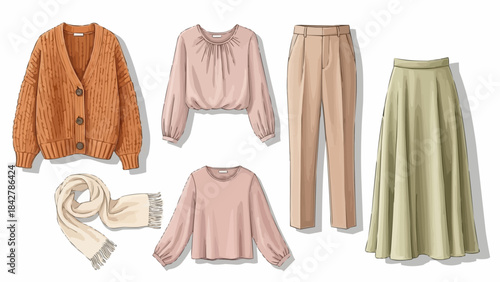 Cozy Autumn Fashion Collection Featuring Cardigan Blouse Pants and Skirt.