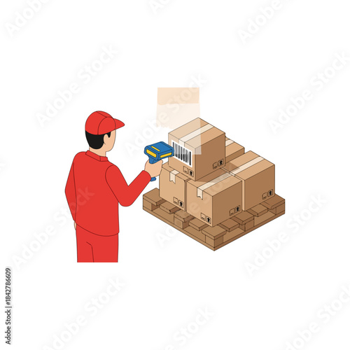 Warehouse worker scanning boxes on a pallet.