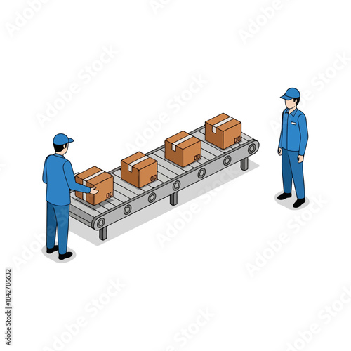 two factory workers operating a conveyor belt with boxes.