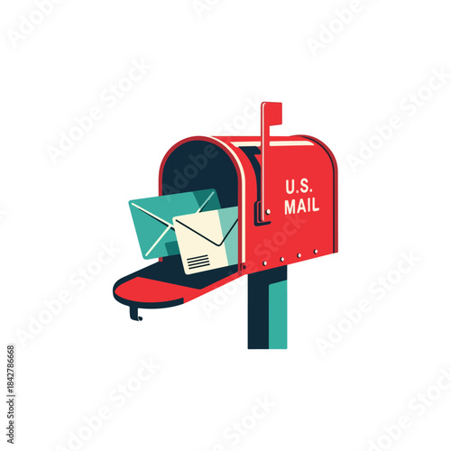 Bright red mailbox with letters and envelopes.