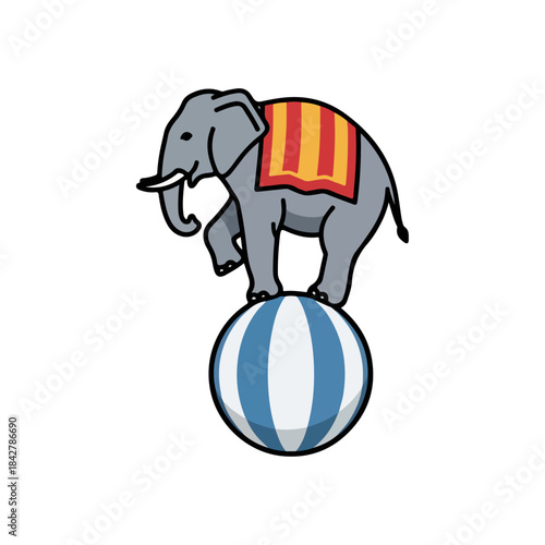 Circus elephant balancing on a large striped ball.