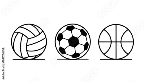 Collection of stylized vector icons for sports balls: volleyball, soccer, and basketball