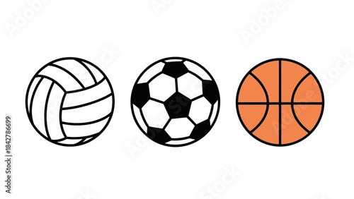 Collection of Vector Balls for Sports: Volleyball, Soccer, and Basketball Icons