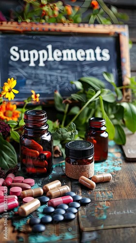 Various capsules and supplements on the table. Selective focus. nature.