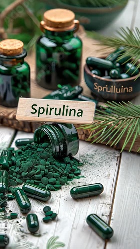 Spirulina powder and supplement capsules. Selective focus. food.