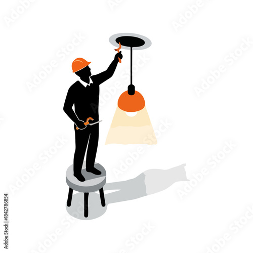 Electrician installing a light fixture on the ceiling.