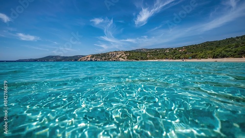 Fototapeta Naklejka Na Ścianę i Meble -  A clear blue sea with a coastline and sky in the background.