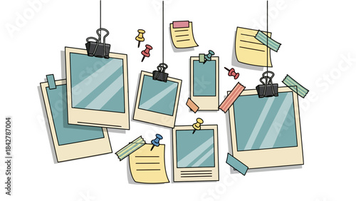 Collage of Retro Photo Frames and Notes Attached with Pins and Clips