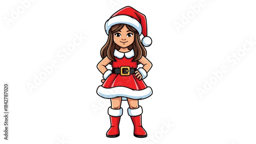 Cute Cartoon Girl in Santa Claus Costume Ready for Christmas Holidays Fun
