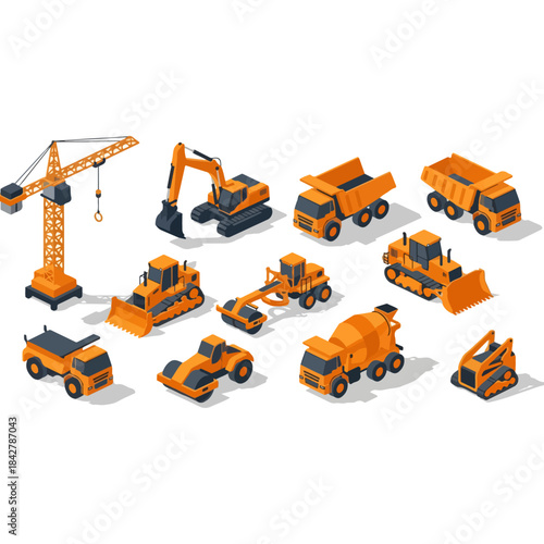 Group of orange construction vehicles and machines.