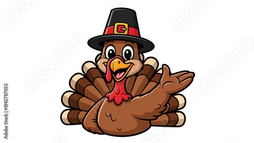 Cute Cartoon Pilgrim Turkey Character Celebrating Thanksgiving Holiday Season