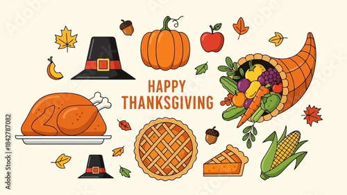 Happy Thanksgiving Traditional Food and Symbols Vector Illustration