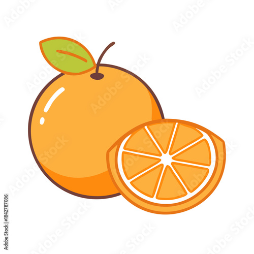 Whole and sliced orange fruit with green leaf illustration on white background
