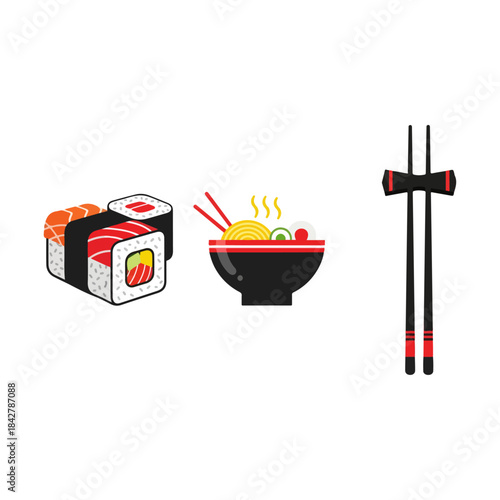 Japanese Food Trio Sushi Ramen And Chopsticks.