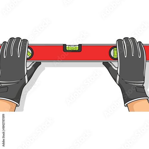 Level tool held by gloved hands.