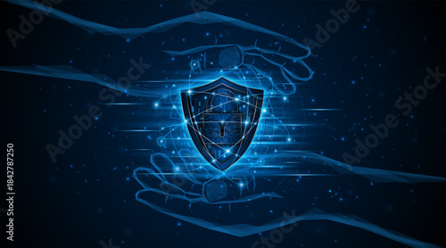 Abstract hand holding shield and lock symbol of data protection and cyber privacy. Network security system. Advanced security technology innovation concept background	