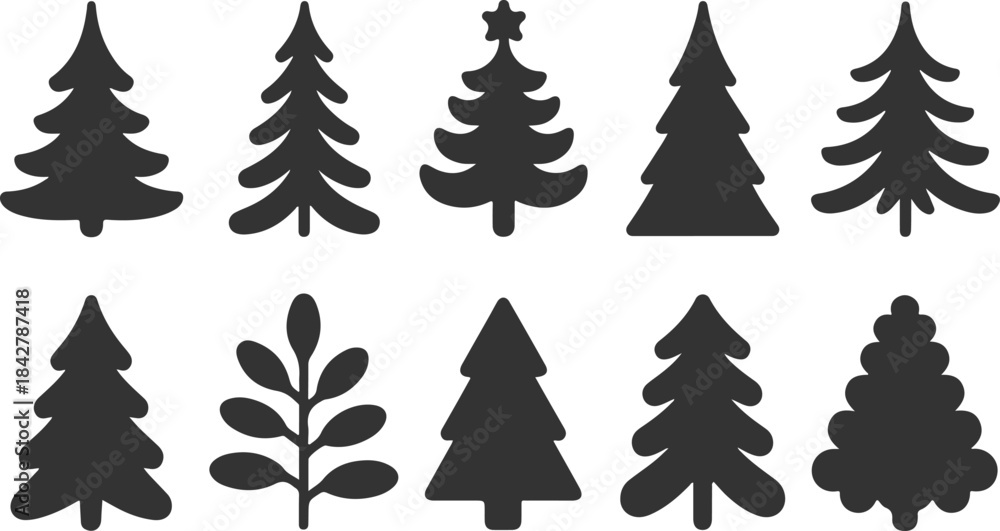 Obraz premium Vector Black Tree Silhouettes Set Collection of Pine, Fir, and Evergreen Conifer Icons and Illustrations
