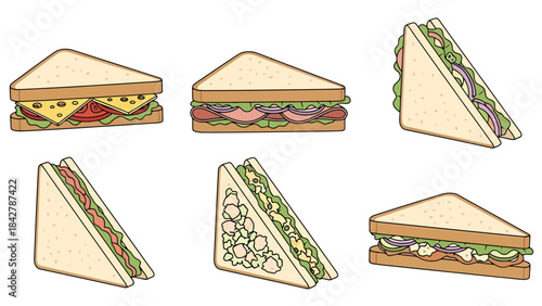 Variety of Delicious Triangle Sandwiches Cut in Half for Creative Food Design