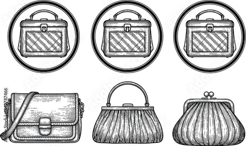Handbag illustration, purse sketch, vintage accessories, clasp bag, satchel design, coin purse, fashion drawing, structured bag, retro style, kiss-lock clasp