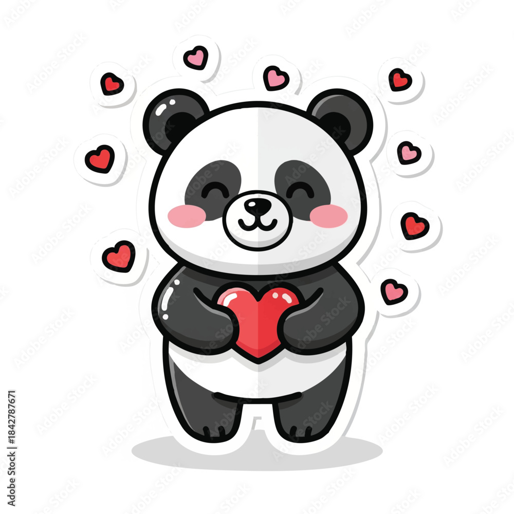 Fototapeta premium A cute smiling panda bear illustration featuring heart confetti falling around the cheerful character, perfect for a Flat 2D Valentine's Day sticker on a clean white background.