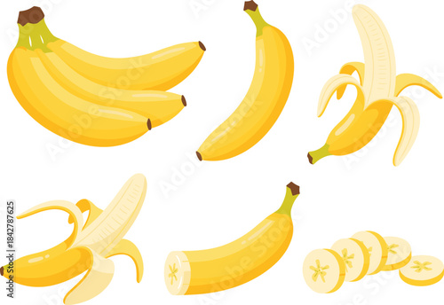 Collection of bananas in various stages including whole, peeled, sliced fruit illustrations for healthy food, tropical, and nutrition designs
