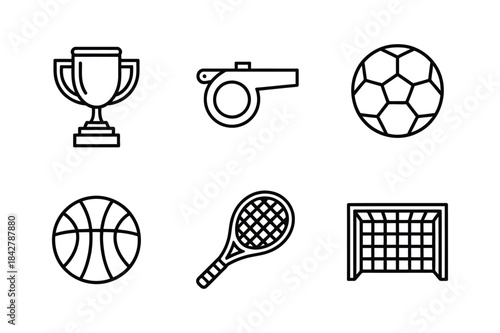 A collection of six sports icons including a trophy, balls, and equipment
