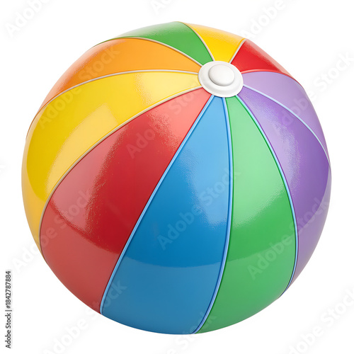 Colorful Inflatable Beach Ball with Glossy Panels and White Valve on White Background