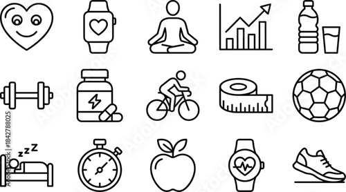 Health, Fitness, and Wellness Outline Icon Set, Featuring Sports, Exercise, Nutrition, Sleep, and Heart Rate Tracker for Active Lifestyle and Monitoring