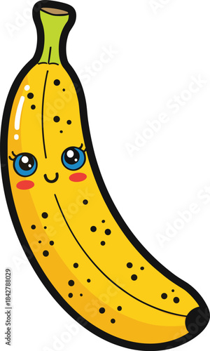 Cute smiling banana character illustration with freckles, kawaii fruity design, adorable cartoon fruit mascot for kids and branding