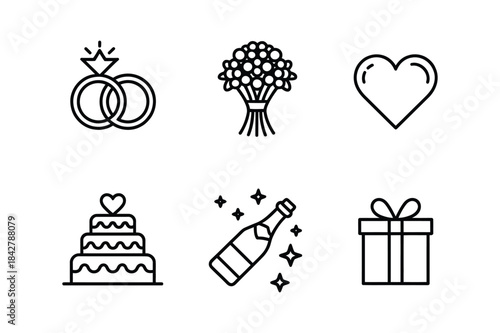 A collection of linear icons representing wedding, celebration, and romantic elements like rings and cake.