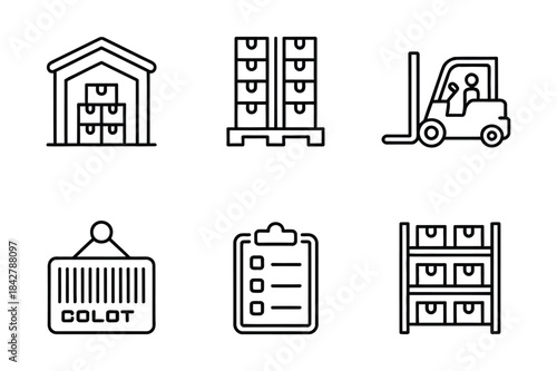 A set of linear icons representing various aspects of warehouse and logistics operations