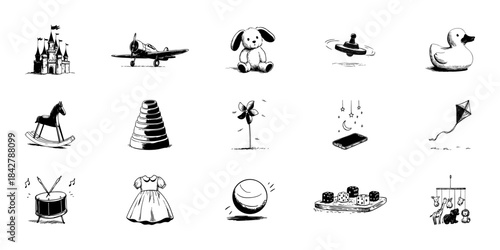 Children Toys And Play Items Doodle Sketch Set. Imaginative Play, Creativity, Childhood Fun In Hand Drawn Style Collection. Castle, Airplane, Teddy Bear, And More. Isolated Vector Illustration