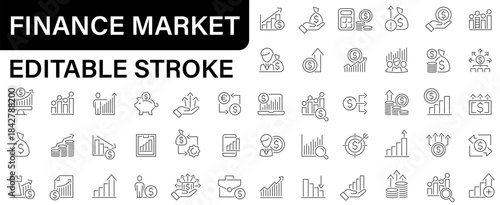 Set of 48 line icons related to Stock market, finance, growth, success, investment, trends, research, trends, strategy, financial goal and more. Editable stroke. Vector illustration