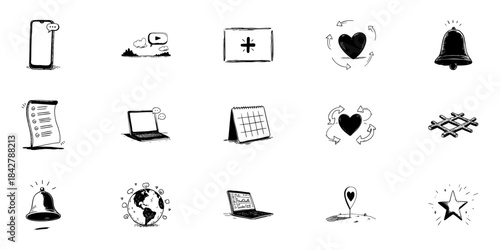 Mobile Communication, Digital Interaction, And Global Connectivity Doodle Sketch Set. Social Media Engagement And Online Networking In Hand Drawn Style Collection. Isolated Vector Illustration