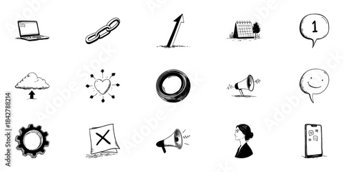 Diverse Business And Communication Icons Doodle Sketch Set. Digital Connectivity, Marketing, And Productivity Tools In Hand Drawn Style Collection. Hand Drawn Isolated Vector Illustration