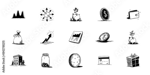 Financial Growth And Investment Doodle Sketch Set. Economic Development, Savings, And Wealth Management In Hand Drawn Style Collection. Business And Finance Icons. Isolated Vector Illustration