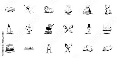 Baby Essentials Doodle Sketch Set. Infant Care, Nursery Items, And Parenting Accessories In Hand Drawn Style Collection. Includes Toys, Clothing, And Feeding Supplies. Isolated Vector Illustration